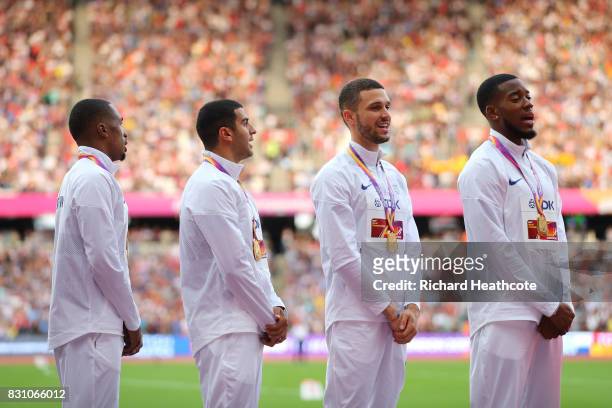 Chijindu Ujah, Adam Gemili, Daniel Talbot and Nethaneel Mitchell-Blake of Great Britain, gold, pose with their medals for the Men's 4x100 Metres...