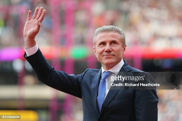 Sergey Bubka, IAAF Senior Vice President waves to crowd during day ten of the 16th IAAF World Athletics Championships London 2017 at The London...
