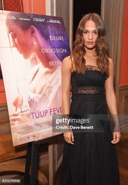 Alicia Vikander attends a VIP preview screening of "Tulip Fever" at The Soho Hotel on August 13, 2017 in London, England.