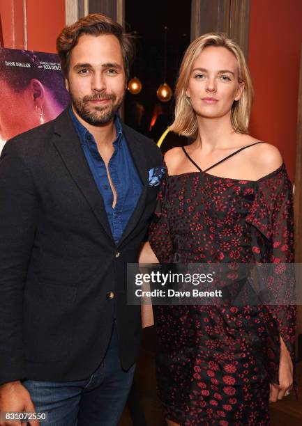 Diego Bivero-Volpe and Charlotte Carroll attend a VIP preview screening of "Tulip Fever" at The Soho Hotel on August 13, 2017 in London, England.