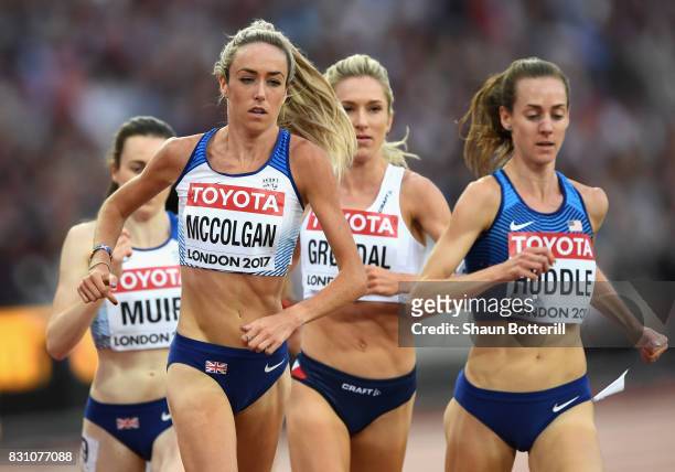 Eilish McColgan of Great Britain and Molly Huddle of the United States compete in the Women's 5000 metres final during day ten of the 16th IAAF World...