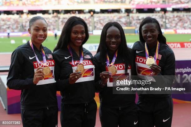 S Alysson Felix, Aaliyah Brown, Morolake Akinosun and Tori Bowie on the podium for the Women's 4x100m Final during day ten of the 2017 IAAF World...