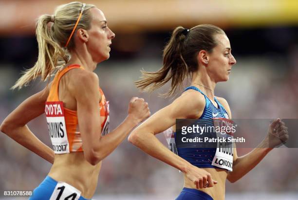 Susan Krumins of Netherlands and Molly Huddle of the United States competes in the Women's 5000 metres final during day ten of the 16th IAAF World...
