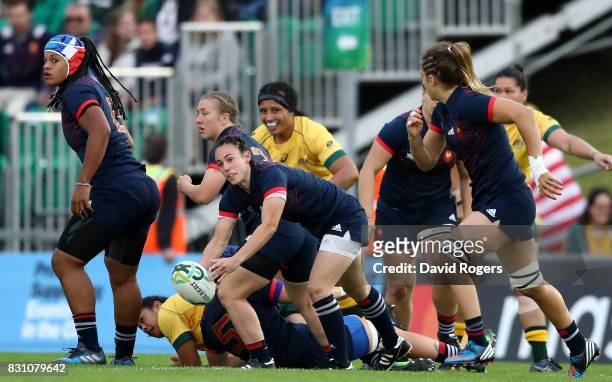 Yanna Rivoalen of France passes during the Women's Rugby World Cup 2017 match between France and Australia on August 13, 2017 in Dublin, Ireland.