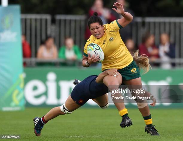 Sharni Williams of Australia is tackled by Marjorie Mayans of France during the Women's Rugby World Cup 2017 match between France and Australia on...