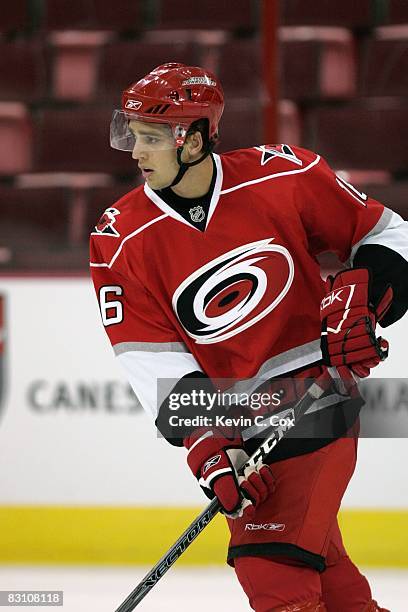 Brandon Sutter of the Carolina Hurricanes skates before the game against the Washington Capitals at RBC Center on September 24, 2008 in Raleigh,...