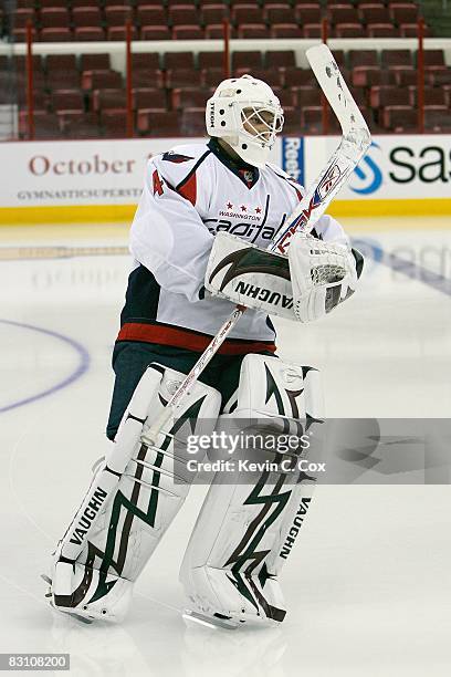 Goaltender Simeon Varlamov of the Washington Capitals skates before the game against the Carolina Hurricanes at RBC Center on September 24, 2008 in...