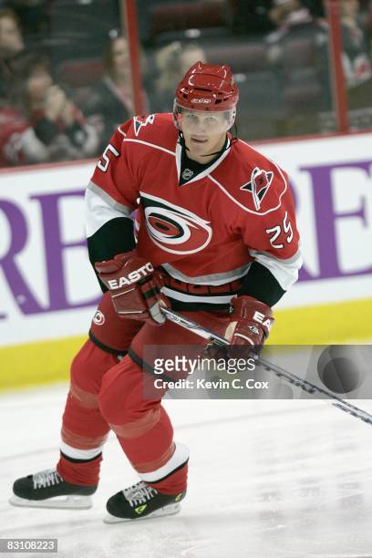 Joni Pitkanen of the Carolina Hurricanes skates before the game against the Washington Capitals at RBC Center on September 24, 2008 in Raleigh, North...