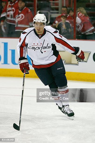 Oskar Osala of the Washington Capitals warms up before the game against the Carolina Hurricanes at RBC Center on September 24, 2008 in Raleigh, North...