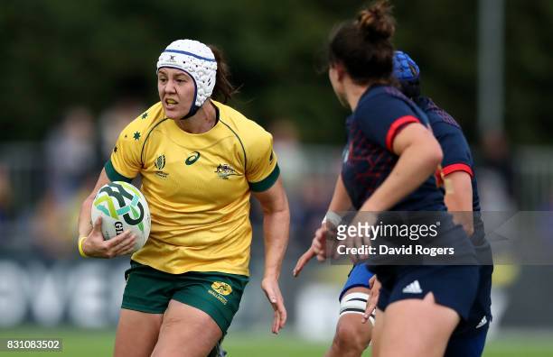 Sarah Riordan of Australia makes a break during the Women's Rugby World Cup 2017 match between France and Australia on August 13, 2017 in Dublin,...