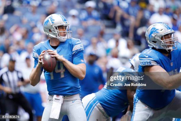 Jake Rudock of the Detroit Lions looks to pass against the Indianapolis Colts in the first half of a preseason game at Lucas Oil Stadium on August...