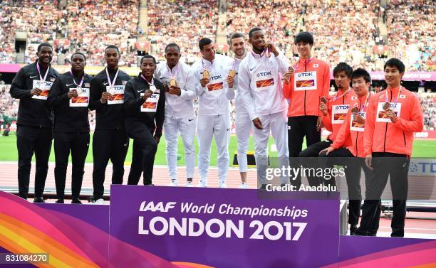 Men's 4x100 Metres Relay Silver medalist team Mike Rodgers , Justin Gatlin , Jaylen Bacon , Christian Coleman of the USA, Gold medalist team Chijindu...