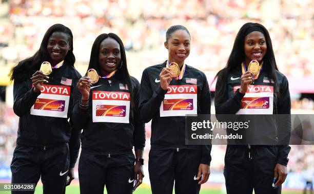 Women's 4x100 Metres Relay gold medalist Aaliyah Brown , Allyson Felix , Morolake Akinosun and Tori Bowie of the USA pose with their medal during the...