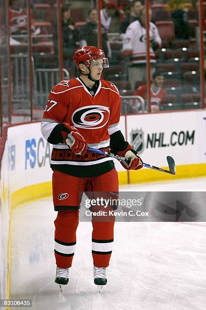 Drayson Bowman of the Carolina Hurricanes warms up before the game against the Washington Capitals at RBC Center on September 24, 2008 in Raleigh,...