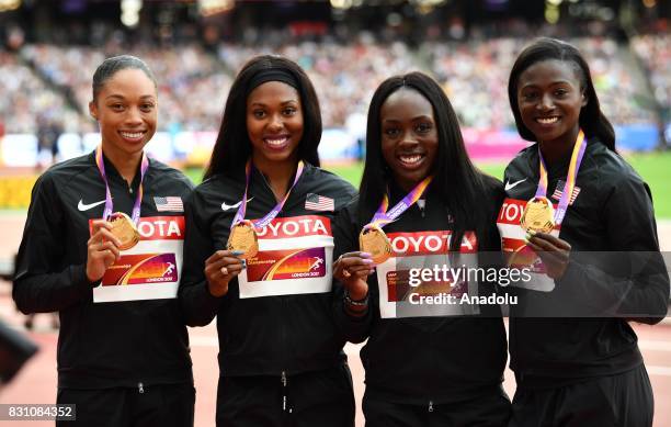 Women's 4x100 Metres Relay gold medalist Aaliyah Brown , Allyson Felix , Morolake Akinosun and Tori Bowie of the USA pose with their medal during the...