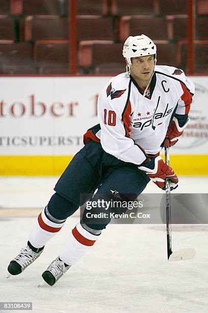 Matt Bradley of the Washington Capitals warms up before the game against the Carolina Hurricanes at RBC Center on September 24, 2008 in Raleigh,...