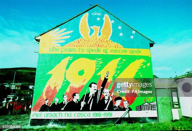 The Gaelic language features on a Republican mural commemorating the 1916 Easter Rising against the British in Dublin.