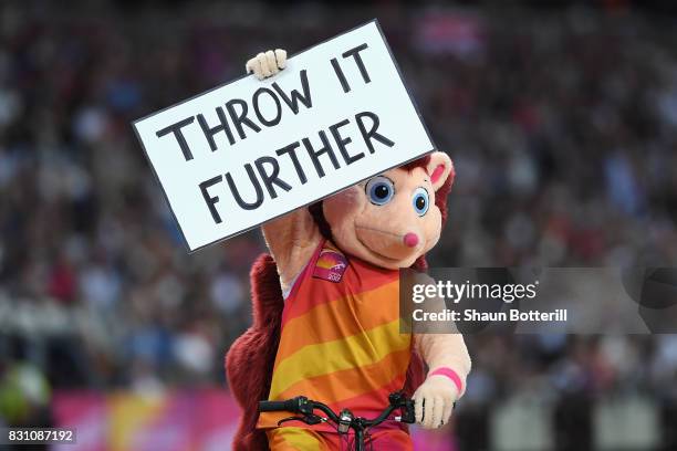 Mascot Hero the hedgehog entertains the crowd during day ten of the 16th IAAF World Athletics Championships London 2017 at The London Stadium on...