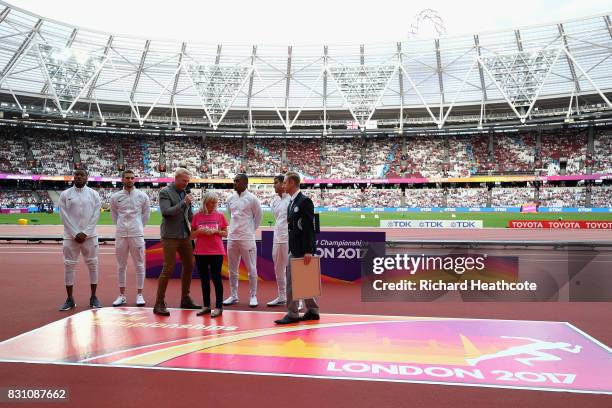 Guinness World Records certificate for the most tickets sold to an IAAF World Championship is presented to Chijindu Ujah, Adam Gemili, Daniel Talbot...