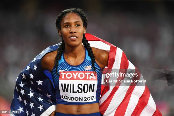 Ajee Wilson of the United States celebrates after winning bronze in the Women's 5000 metres final during day ten of the 16th IAAF World Athletics...