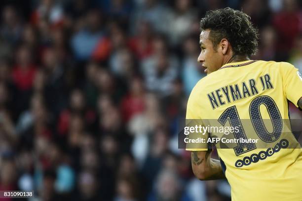 Paris Saint-Germain's Brazilian forward Neymar runs during the French L1 football match Paris Saint-Germain vs En Avant Guingamp at the Roudourou...