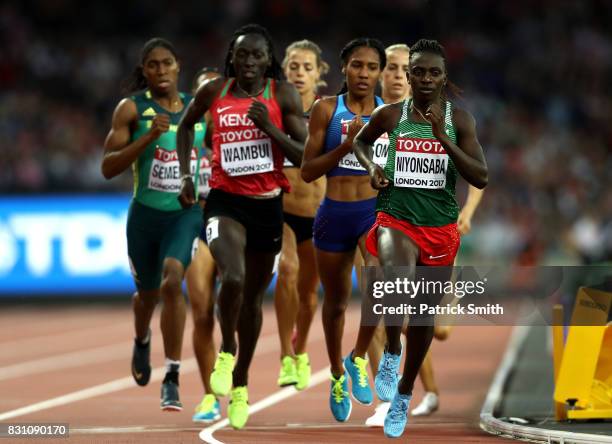 Caster Semenya of South Africa, Margaret Nyairera Wambui of Kenya and Francine Niyonsaba of Burundi compete in the Womens 800 metres final during day...