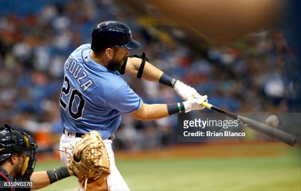 Steven Souza Jr. #20 of the Tampa Bay Rays hits a two-run home run off of pitcher Corey Kluber of the Cleveland Indians during the sixth inning of a...