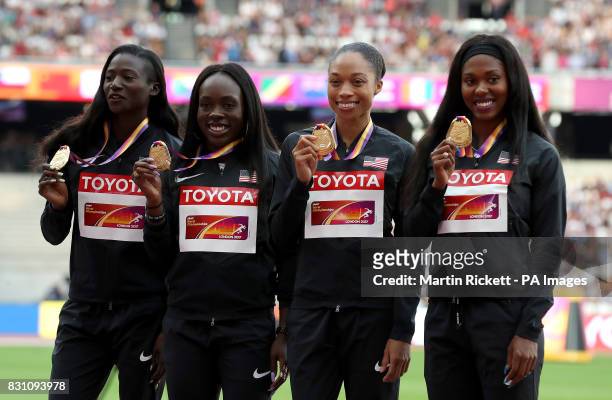 S Tori Bowie, Morolake Akinosun, Allyson Felix and Aaliyah Brown on the podium for the Women's 4x100m Final during day ten of the 2017 IAAF World...