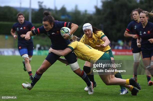Shannon Izar of France scores a try during the Women's Rugby World Cup 2017 match between France and Australia on August 13, 2017 in Dublin, Ireland.