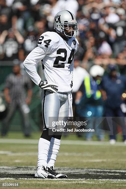 Michael Huff of the Oakland Raiders looks on during the game against the San Diego Chargers on September 28, 2008 at Oakland Coliseum in Oakland,...