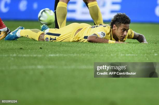 Paris Saint-Germain's Brazilian forward Neymar looks on during the French L1 football match Paris Saint-Germain vs En Avant Guingamp at the Roudourou...