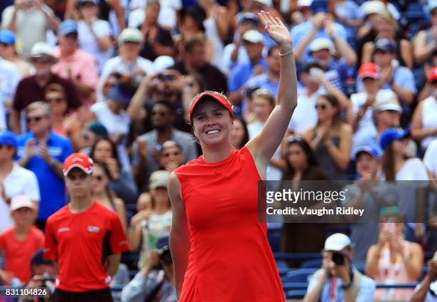 Elina Svitolina of Ukraine celebrates after defeating Caroline Wozniacki of Denmark in the final match on Day 9 of the Rogers Cup at Aviva Centre on...
