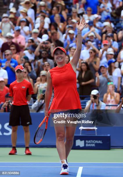 Elina Svitolina of Ukraine celebrates after defeating Caroline Wozniacki of Denmark in the final match on Day 9 of the Rogers Cup at Aviva Centre on...