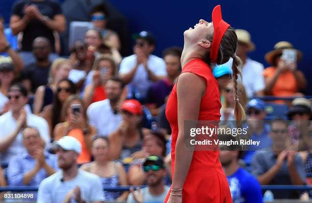 Elina Svitolina of Ukraine celebrates after defeating Caroline Wozniacki of Denmark in the final match on Day 9 of the Rogers Cup at Aviva Centre on...