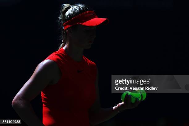 Elina Svitolina of Ukraine prepares to serve against Caroline Wozniacki of Denmark during the final match on Day 9 of the Rogers Cup at Aviva Centre...