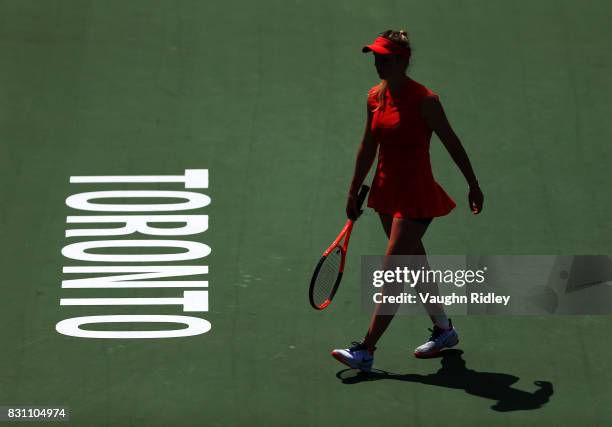 Elina Svitolina of Ukraine prepares to face a serve from Caroline Wozniacki of Denmark during the final match on Day 9 of the Rogers Cup at Aviva...