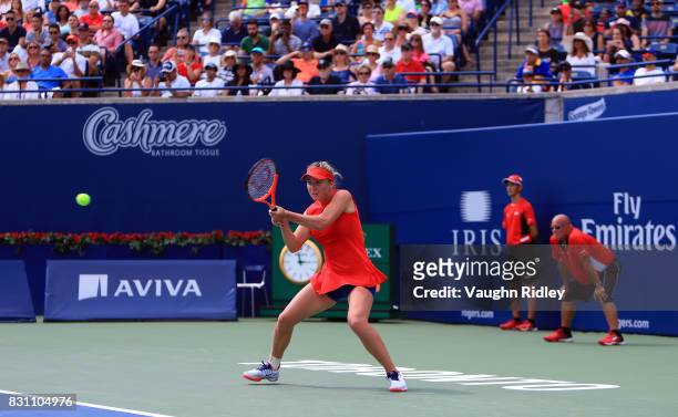 Elina Svitolina of Ukraine plays a shot against Caroline Wozniacki of Denmark during the final match on Day 9 of the Rogers Cup at Aviva Centre on...