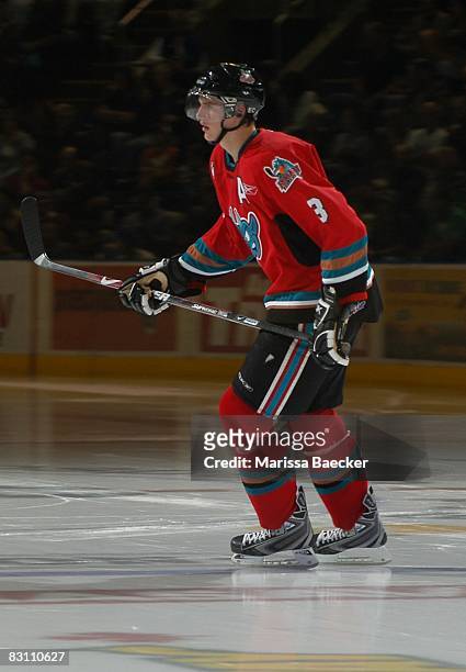 Tyler Myers skates against the Everett Silvertips on October 2, 2008 at Prospera Place in Kelowna, Canada. Myers is a 2008 Buffalo Sabres draft pick.