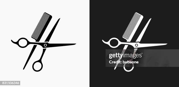 scissors and brush icon on black and white vector backgrounds - scissors comb stock illustrations