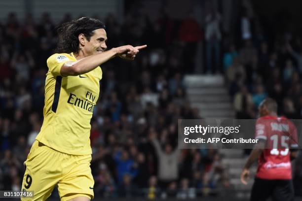 Paris Saint-Germain's Uruguayan forward Edinson Cavani celebrates after scoring a goal during the French L1 football match Paris Saint-Germain vs En...