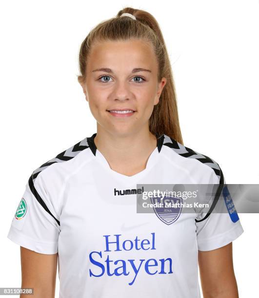 Annika Graser of FF USV Jena poses during the Allianz Frauen Bundesliga Club Tour at Ernst Abbe Sportfeld on August 11, 2017 in Jena, Germany.