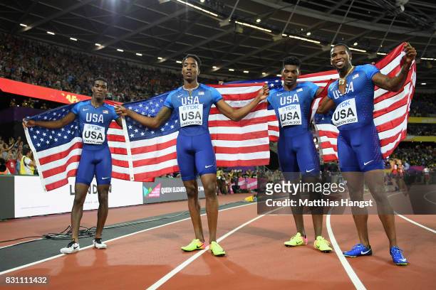 Wilbert London III, Gil Roberts, Michael Cherry and Fred Kerley of the United States celebrate after winning silver in the Men's 4x400 Metres Relay...