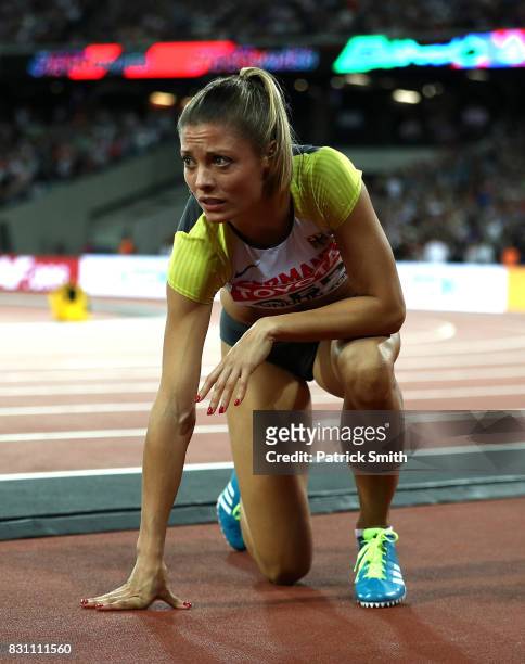 Ruth Sophia Spelmeyer of Germany reacts after they placed last in the Women's 4x400 Metres Relay final during day ten of the 16th IAAF World...