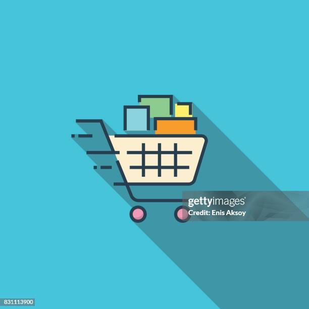 ilustraciones, imágenes clip art, dibujos animados e iconos de stock de plano icono de carrito de compras - shopping cart