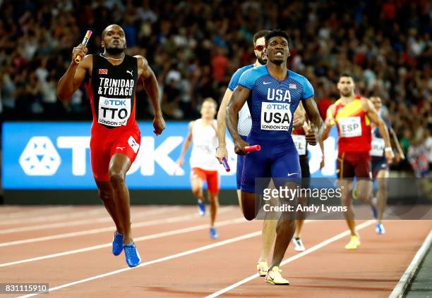Lalonde Gordon of Trinidad and Tobago races to the finish line ahead of Fred Kerley of the United States and Martyn Rooney of Great Britain in the...