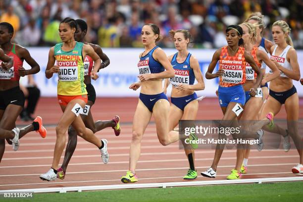 Letesenbet Gidey of Ethiopia, Shannon Rowbury of United States, Molly Huddle of the United States and Sifan Hassan of Netherlands compete in the...
