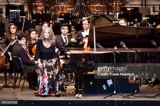 Pianist Martha Argerich and the West-Eastern Divan Orchestra perform live during a concert at the Waldbuehne on August 13, 2017 in Berlin, Germany.