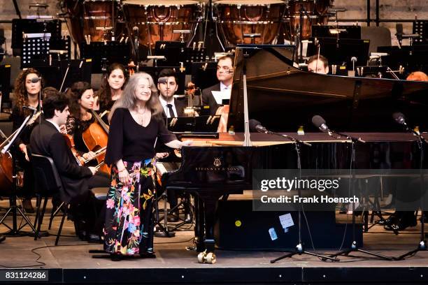 Pianist Martha Argerich and the West-Eastern Divan Orchestra perform live during a concert at the Waldbuehne on August 13, 2017 in Berlin, Germany.