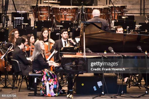 Pianist Martha Argerich, Daniel Barenboim and the West-Eastern Divan Orchestra perform live during a concert at the Waldbuehne on August 13, 2017 in...