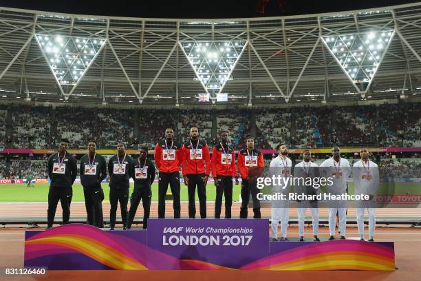 Wilbert London III, Gil Roberts, Michael Cherry and Fred Kerley of the United States, silver, Jarrin Solomon, Jereem Richards, Machel Cedenio and...
